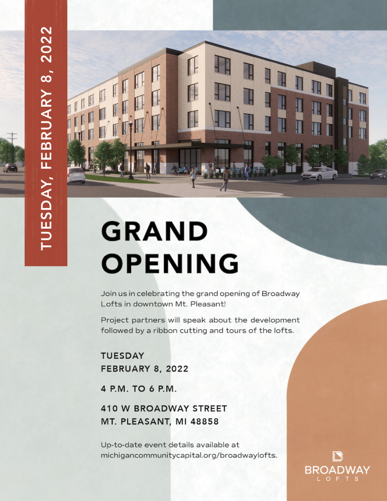 Broadway Lofts Grand Opening in Mt Pleasant Michigan hosted by Michigan Community Capital on Tuesday, February 8, 2022. 